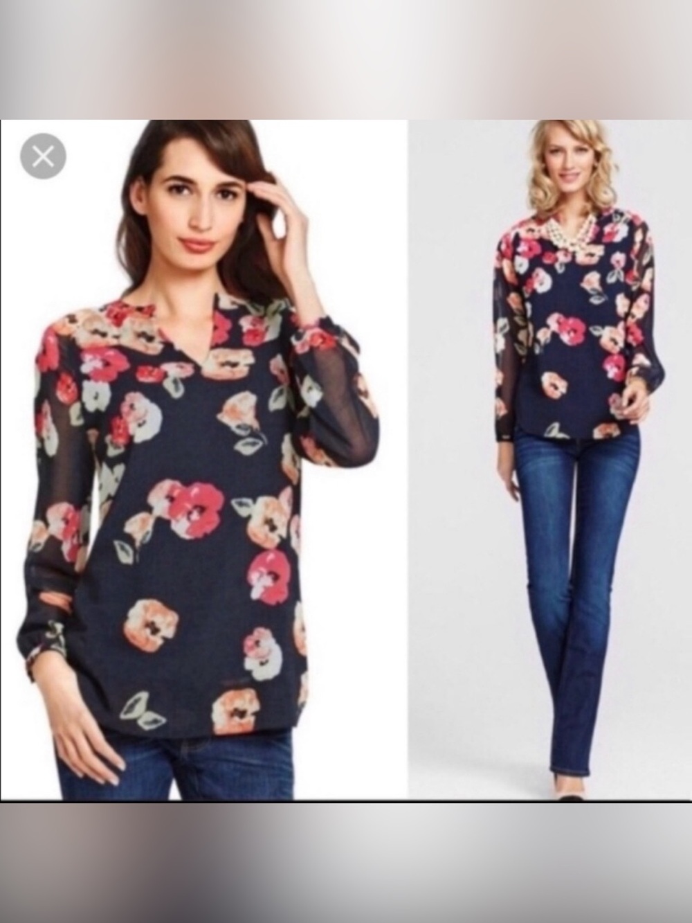 CAbi- Women’s Navy Floral V-Neck Long Sleeve Blouse